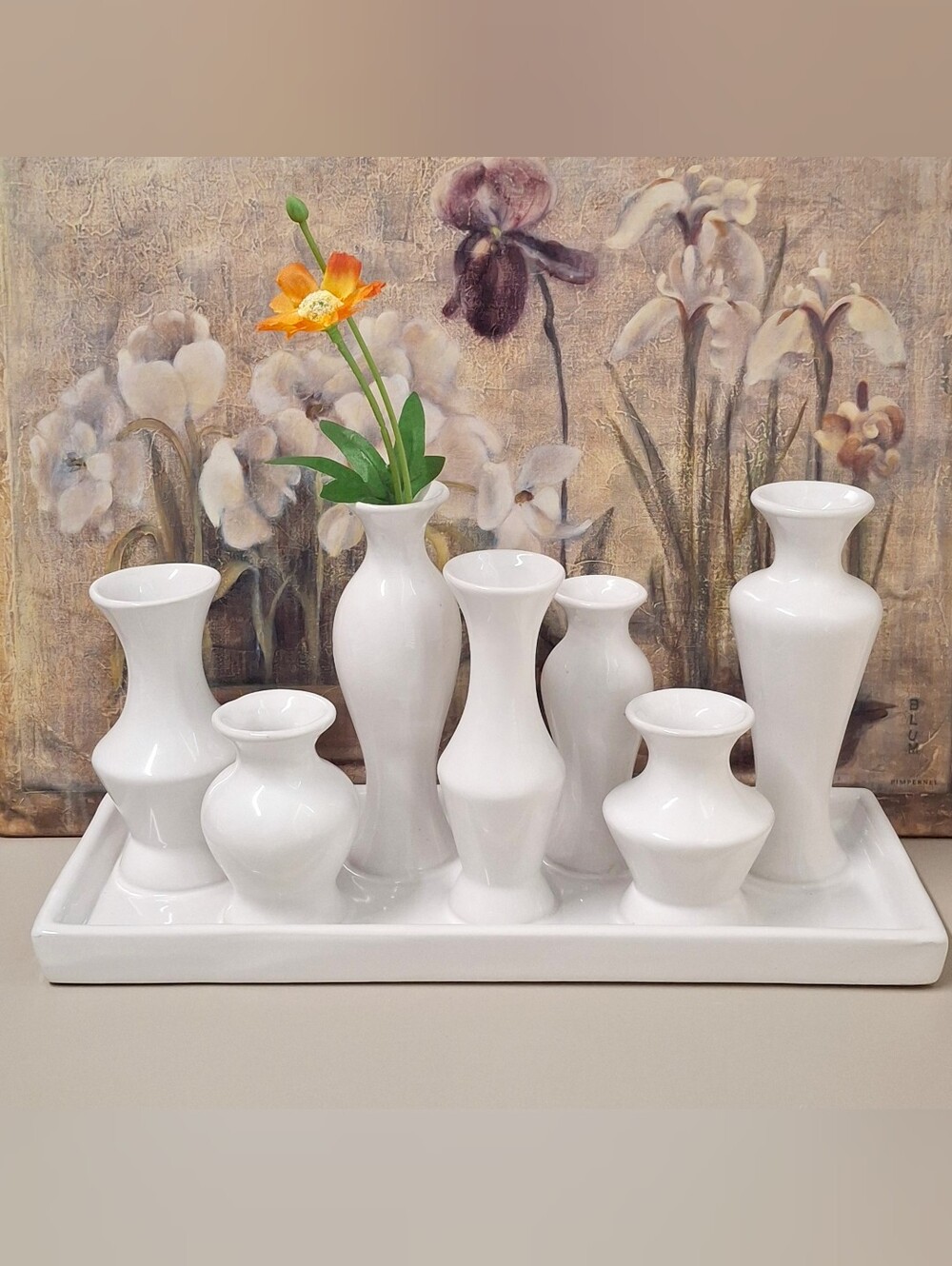 Ceramic Bud Vase Set with Seven Attached Vases on Rectangular Tray